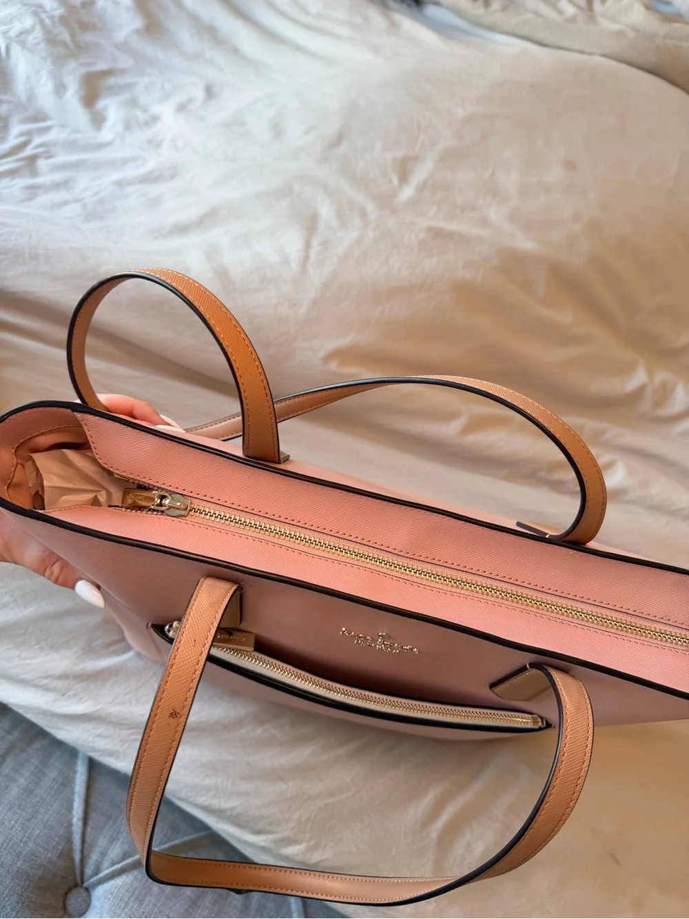 kate spade Pink Tote with Tan Straps and White Pouch